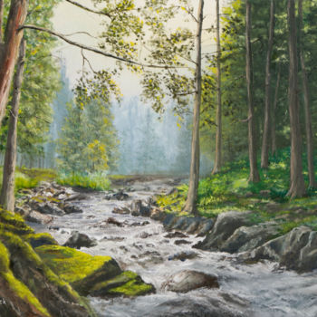 Peinture intitulée "Torrent en forêt n°2" par Michel De Ruyck, Œuvre d'art originale, Huile