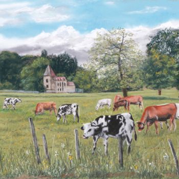 Peinture intitulée "Vaches dans le bas…" par Michel De Ruyck, Œuvre d'art originale, Conté Monté sur Panneau de bois