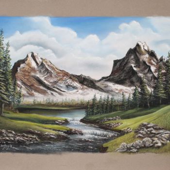 Malerei mit dem Titel "Montagne et rivière" von Michel De Ruyck, Original-Kunstwerk, Pastell