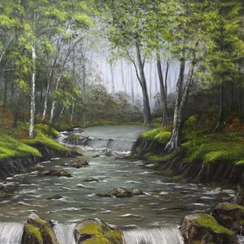 Painting titled "torrent en forêt" by Michel De Ruyck, Original Artwork, Oil