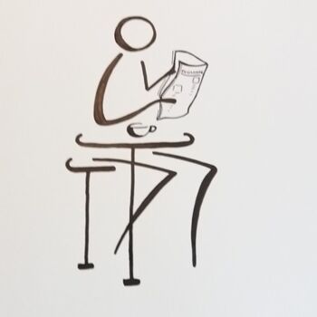Dessin intitulée "Lecture au bistrot" par Michèle Baylet-Brunet, Œuvre d'art originale, Encre