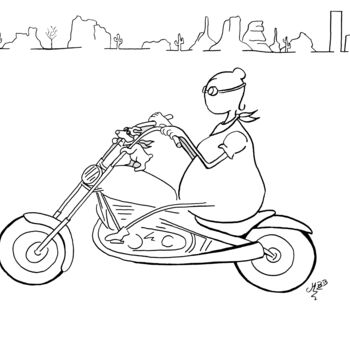 Rysunek zatytułowany „Road trip 66 en moto” autorstwa Michèle Baylet-Brunet, Oryginalna praca, Atrament