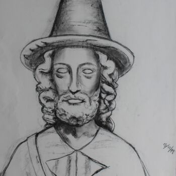Drawing titled "Buste homme au chap…" by Michèle Baylet-Brunet, Original Artwork, Charcoal