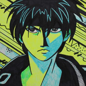 「Manga jeune homme」というタイトルの描画 Michèle Baylet-Brunetによって, オリジナルのアートワーク, インク