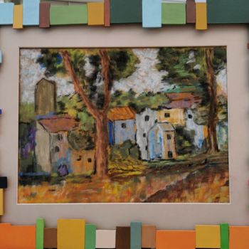 Painting titled "Village de Dordogne" by Michèle Cerbello (Pastelliste), Original Artwork, Pastel Mounted on Cardboard
