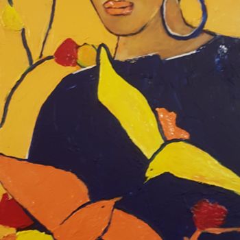 Schilderij getiteld "FEMME AUX COLIBRIS" door Michele Devinante, Origineel Kunstwerk