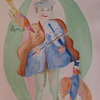Painting titled "violoniste heureux" by Michele Glaize, Original Artwork, Gouache