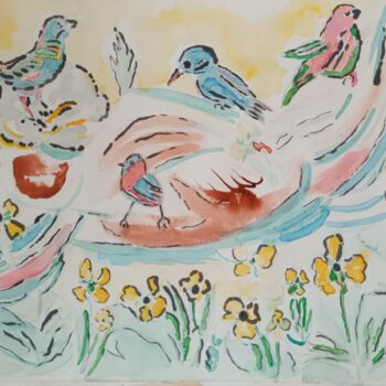 Painting titled "Famille d'oiseaux" by Michele Glaize, Original Artwork, Ink