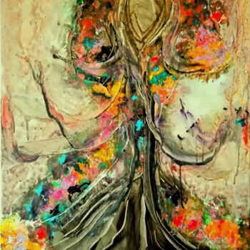 Painting titled "ARBRE-FEMME DE VIE…" by Michele Guillot, Original Artwork, Acrylic Mounted on Wood Stretcher frame