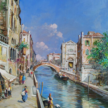 Painting titled "Old Venice cityscape" by Michele Martini, Original Artwork, Oil Mounted on Wood Stretcher frame