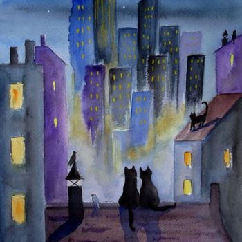 Peinture intitulée "Minuit sur les toits" par Michèle Pincemin, Œuvre d'art originale, Aquarelle