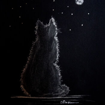 Peinture intitulée "Chat noir de lune" par Michèle Pincemin, Œuvre d'art originale, Aquarelle
