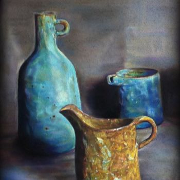 Peinture intitulée "Nature morte bleue" par Michèle Rais, Œuvre d'art originale, Pastel