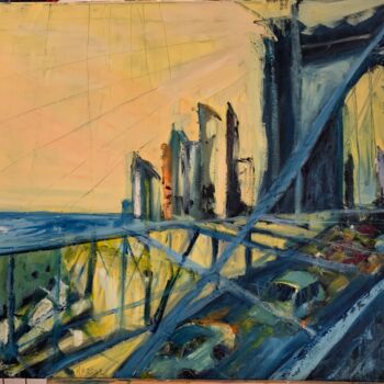 Painting titled "The bridge" by Michele Sardain, Original Artwork, Oil Mounted on Wood Stretcher frame