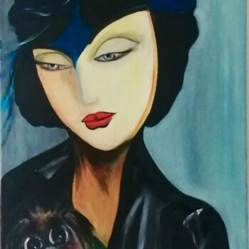 Painting titled "La dame au petit ch…" by Michele Trabalon, Original Artwork, Oil Mounted on Wood Stretcher frame