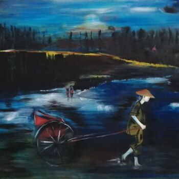 Painting titled "L'attente" by Michele Trabalon, Original Artwork, Oil Mounted on Wood Stretcher frame