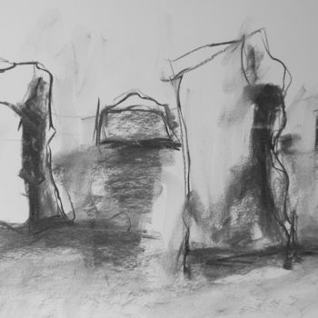 Zeichnungen mit dem Titel "Menhirs n° 5" von Michèle Dutruel-Dandelot, Original-Kunstwerk, Kohle