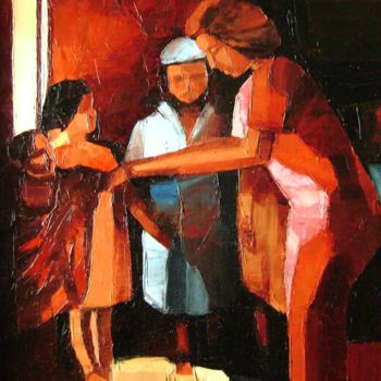 Malerei mit dem Titel "Femme avec enfants" von Michèle Ribeiro, Original-Kunstwerk, Öl