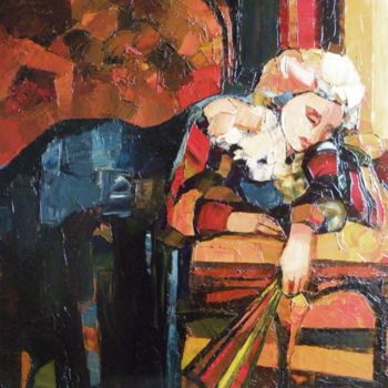 Malerei mit dem Titel "Vénitienne à l'éven…" von Michèle Ribeiro, Original-Kunstwerk, Öl