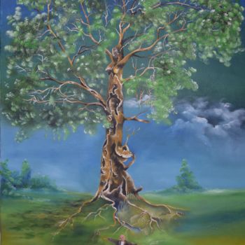 Painting titled "L'arbre" by Michele Sevilla, Original Artwork, Oil Mounted on Wood Stretcher frame