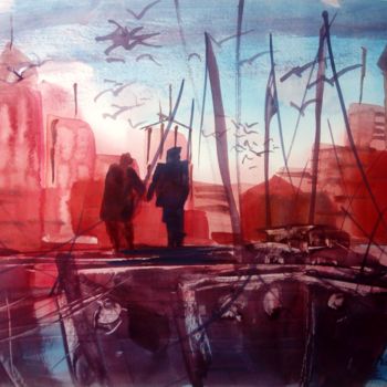 Pintura intitulada "Ville portuaire" por Michel Estival, Obras de arte originais, Aquarela