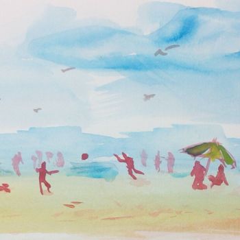 Ζωγραφική με τίτλο "La plage" από Michel Estival, Αυθεντικά έργα τέχνης, Ακουαρέλα