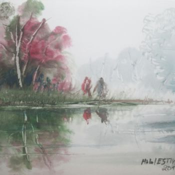 Painting titled "Paysage" by Michel Estival, Original Artwork, Watercolor