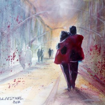 Painting titled "1707 34 Lovers...on…" by Michel Estival, Original Artwork, Watercolor