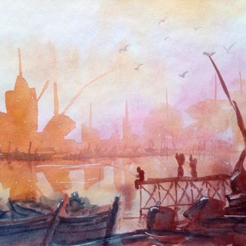 绘画 标题为“'Le port'” 由Michel Estival, 原创艺术品, 水彩