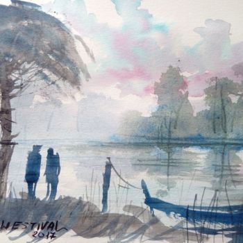 Pintura intitulada "'Eaux calmes'" por Michel Estival, Obras de arte originais, Aquarela