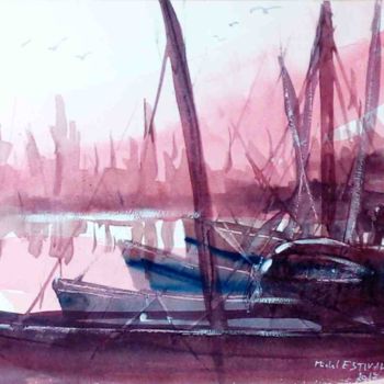Pintura intitulada "'Le port'" por Michel Estival, Obras de arte originais, Aquarela