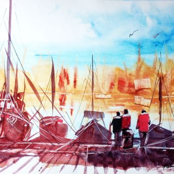 Peinture intitulée "'Le port'" par Michel Estival, Œuvre d'art originale, Aquarelle