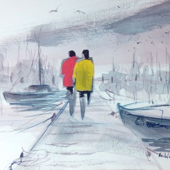「'Le port'」というタイトルの絵画 Michel Estivalによって, オリジナルのアートワーク, 水彩画