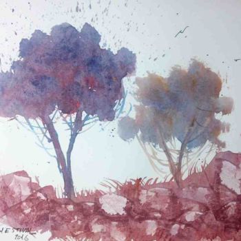Painting titled "'Paysage'" by Michel Estival, Original Artwork, Watercolor