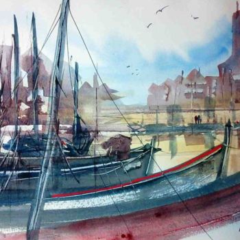 Painting titled "'Le port'" by Michel Estival, Original Artwork, Watercolor