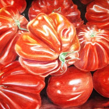 Ζωγραφική με τίτλο "'Tomates cœur de bœ…" από Michel Estival, Αυθεντικά έργα τέχνης, Ακουαρέλα