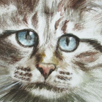 Painting titled "'Tête de chat'" by Michel Estival, Original Artwork, Watercolor