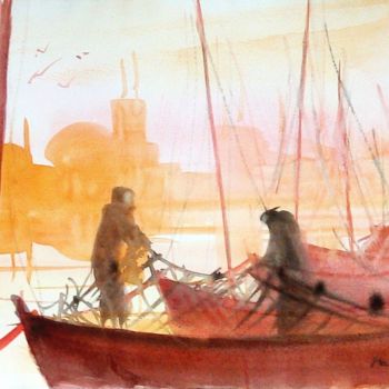 Painting titled "Le port" by Michel Estival, Original Artwork, Watercolor
