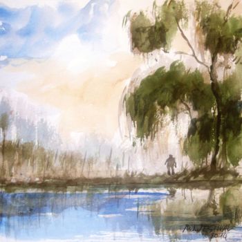 Painting titled "Eaux calmes" by Michel Estival, Original Artwork, Watercolor