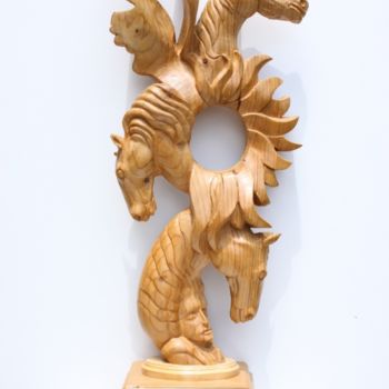 Sculpture titled "Les chevaux du sole…" by Michel Ferre, Original Artwork, Wood