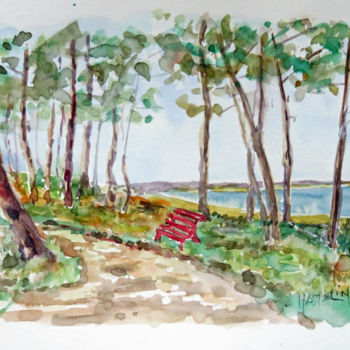 Pintura intitulada "Le banc rouge au pa…" por Michel Hamelin, Obras de arte originais, Aquarela