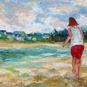 Painting titled "Enfant sur la plage" by Michel Hamelin, Original Artwork, Oil