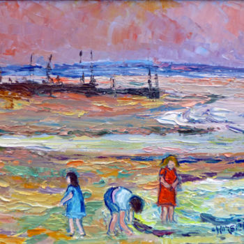 Painting titled "enfants sur la plage" by Michel Hamelin, Original Artwork, Oil