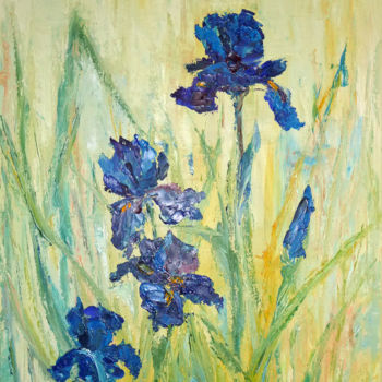 Malerei mit dem Titel "Les iris bleus" von Michel Hamelin, Original-Kunstwerk, Öl