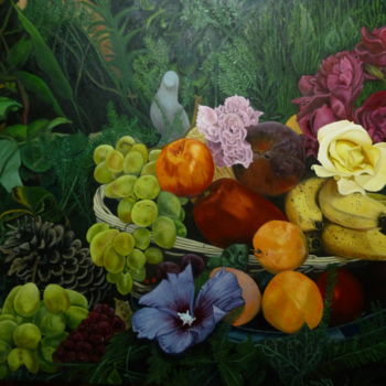 Painting titled "FEUILLES FRUITS FLE…" by Micheline Hanrard Ladoul Mhl., Original Artwork, Oil Mounted on Wood Stretcher fra…