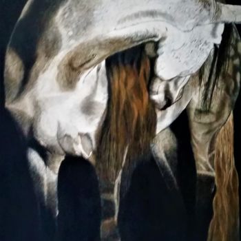 Pintura titulada "cheval gris n°2/ 13…" por Micheline Hanrard Ladoul Mhl., Obra de arte original, Oleo
