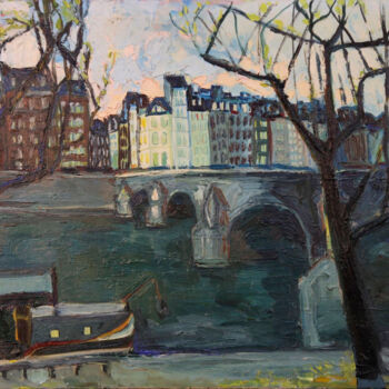 Painting titled ""Le pont neuf"" by Micheline Masse, Original Artwork, Oil Mounted on Wood Stretcher frame