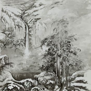 Dessin intitulée "Cascade en montagne." par Michel Kulisa, Œuvre d'art originale, Encre