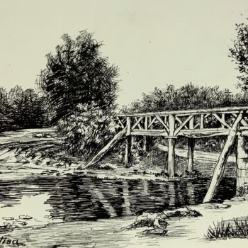 Disegno intitolato "Le vieux pont de bo…" da Michel Kulisa, Opera d'arte originale, Inchiostro