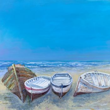 Pittura intitolato "Barques sur la grèv…" da Michel Kulisa, Opera d'arte originale, Acrilico